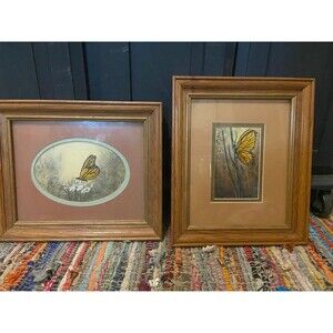 Vintage Framed Butterfly Art Prints / Mixed Media Pair – Signed Rowlette